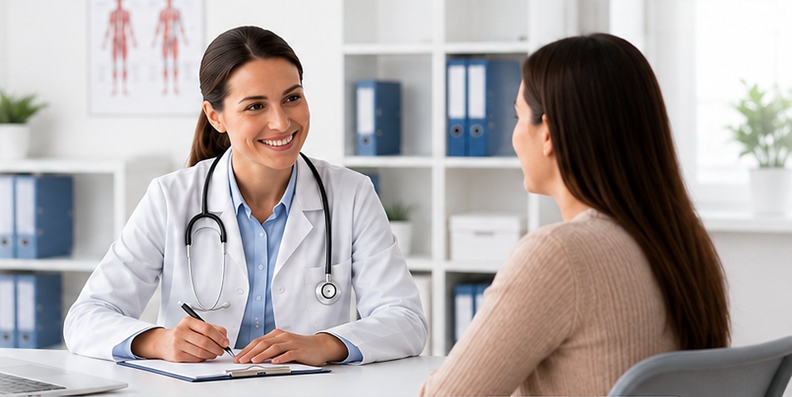 Une médecin échange avec une patiente dans un cabinet